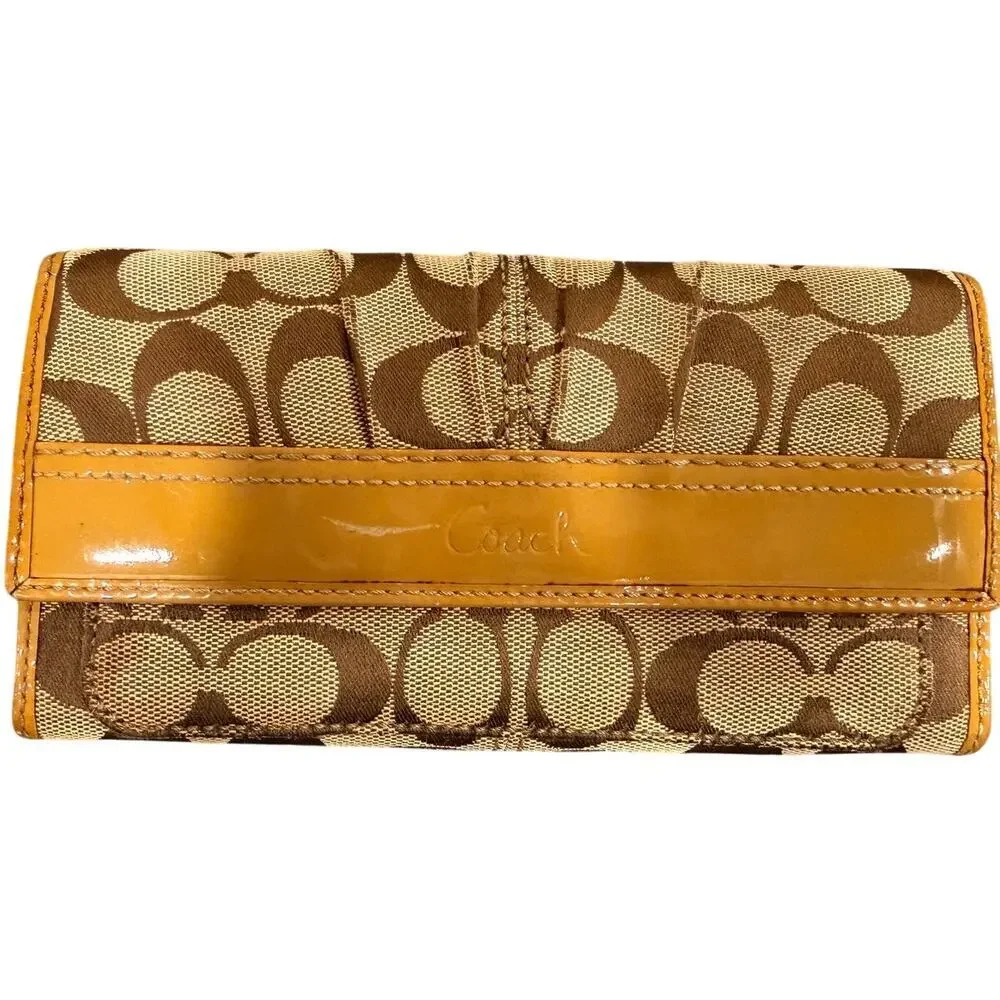 Coach Signature Canvas Long Wallet with Yellow Stripe